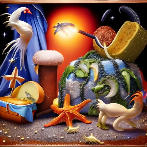 starfish, chicken, chameleon, broom, hot dog, suitcase, kiwi, tornado, cake, meteor